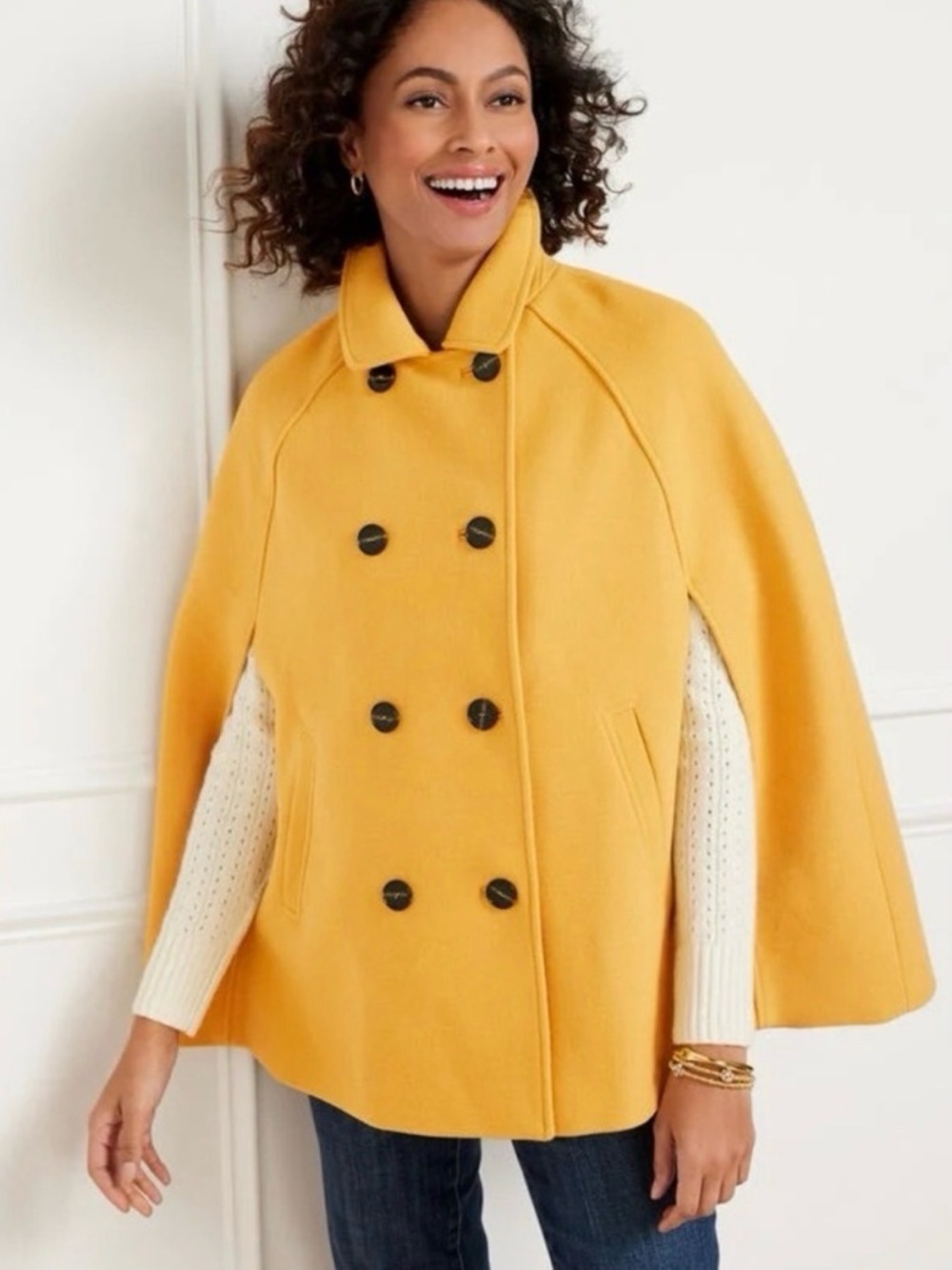 Talbots Wool Blend S/M Mustard Cape Double Breasted Coat
